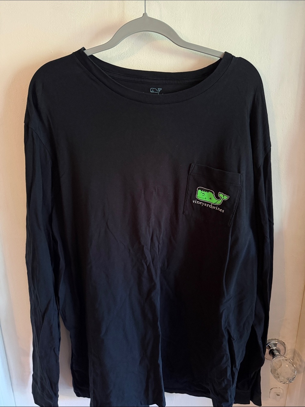 Vineyard Vines Black Long-Sleeve Pocket Tee with Neon Green Whale Happy Hallowee